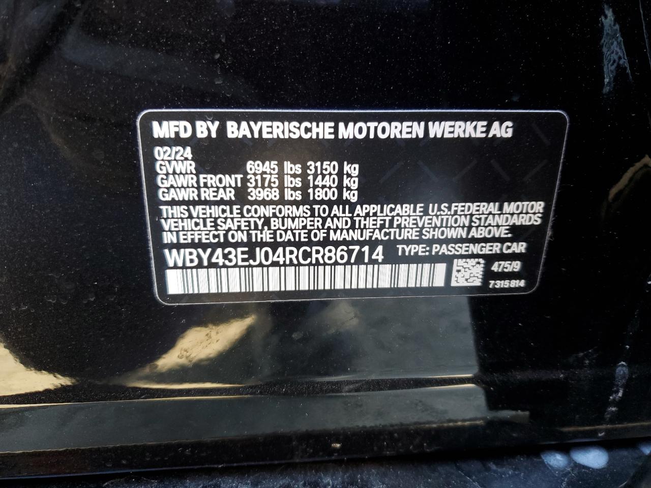 2024 BMW I7 EDRIVE50 VIN:WBY43EJ04RCR86714