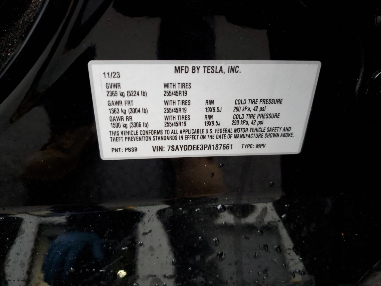 2023 TESLA MODEL Y  VIN:7SAYGDEE3PA187661
