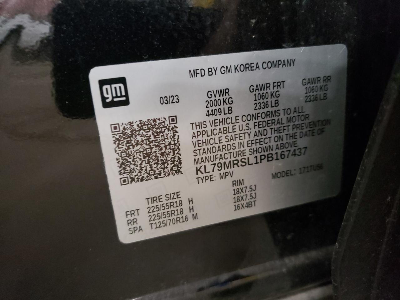 2023 CHEVROLET TRAILBLAZER LT VIN:KL79MRSL1PB167437