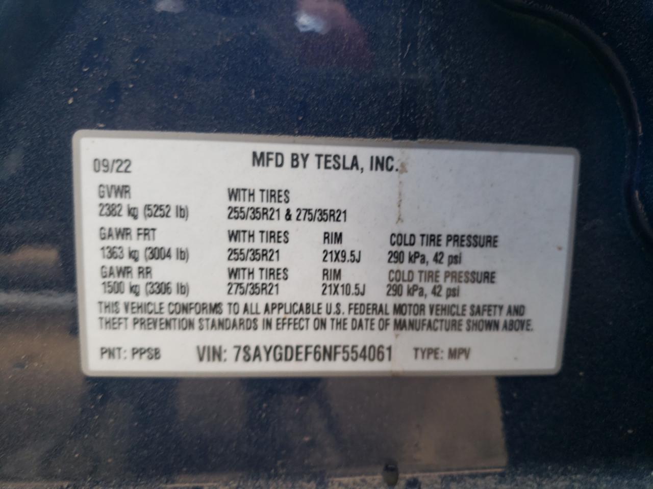 2022 TESLA MODEL Y  VIN:7SAYGDEF6NF554061