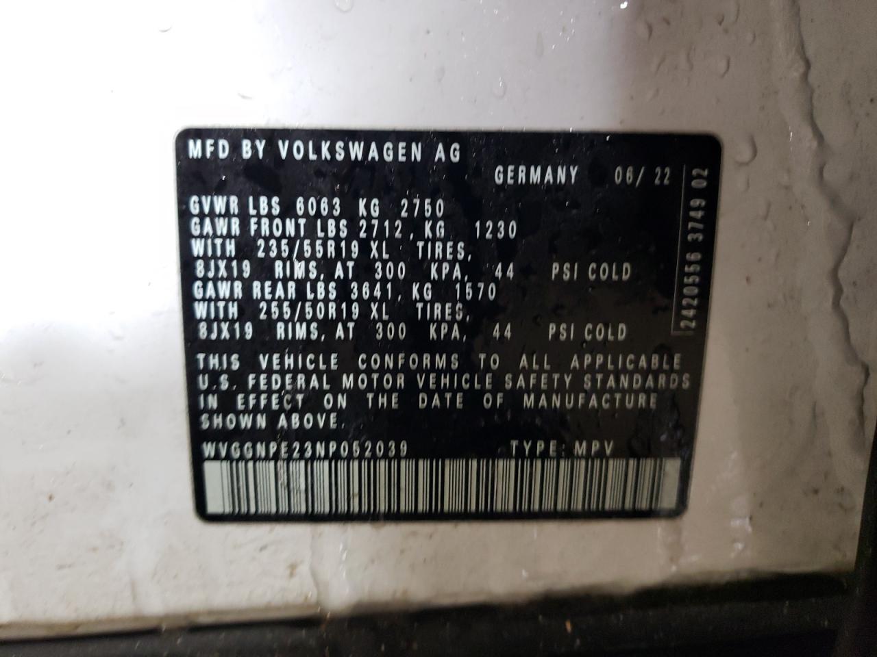 2022 VOLKSWAGEN ID.4 PRO S VIN:WVGGNPE23NP052039