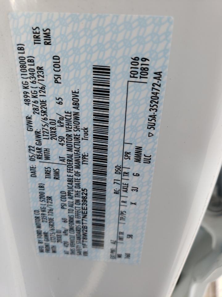 2022 FORD F250 SUPER DUTY VIN:1FT8W2BT7NEE39825