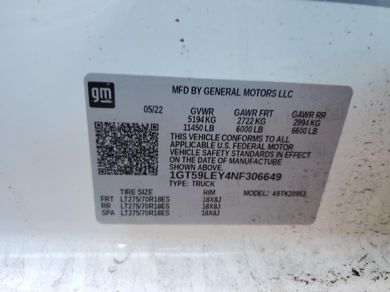 2022 GMC SIERRA K2500 HEAVY DUTY VIN:1GT59LEY4NF306649