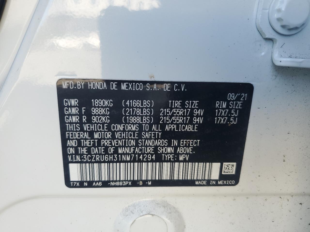 2022 HONDA HR-V LX VIN:3CZRU6H31NM714294