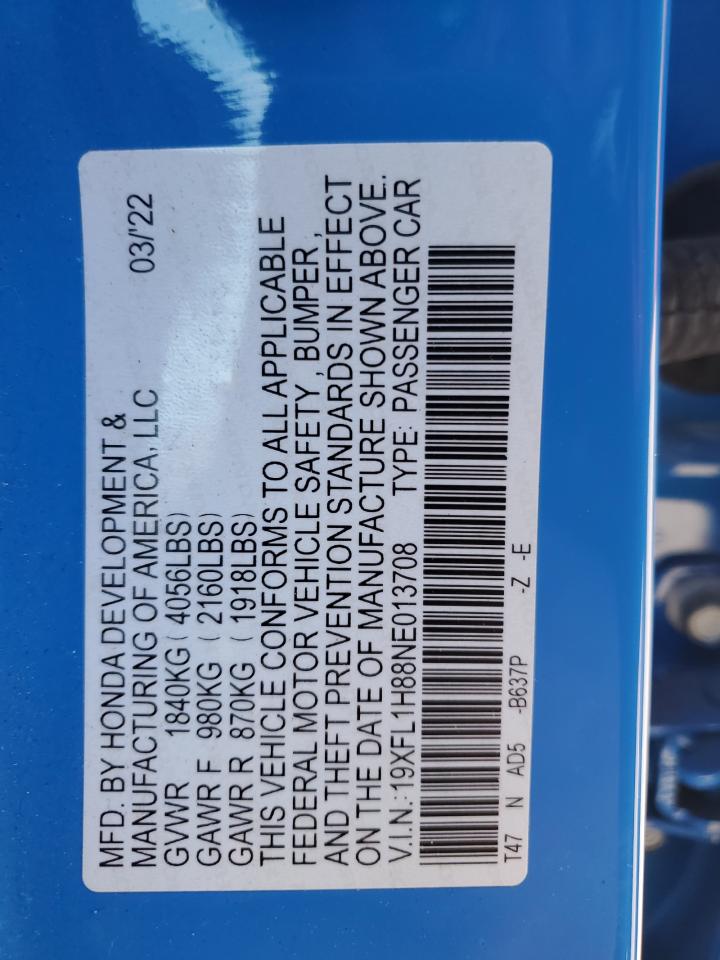 2022 HONDA CIVIC SPORT TOURING VIN:19XFL1H88NE013708