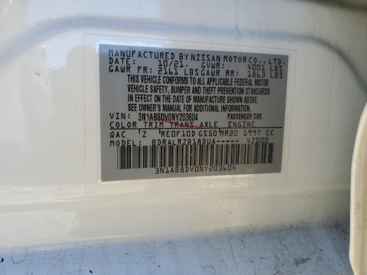 2022 NISSAN SENTRA SR VIN:3N1AB8DV0NY203604