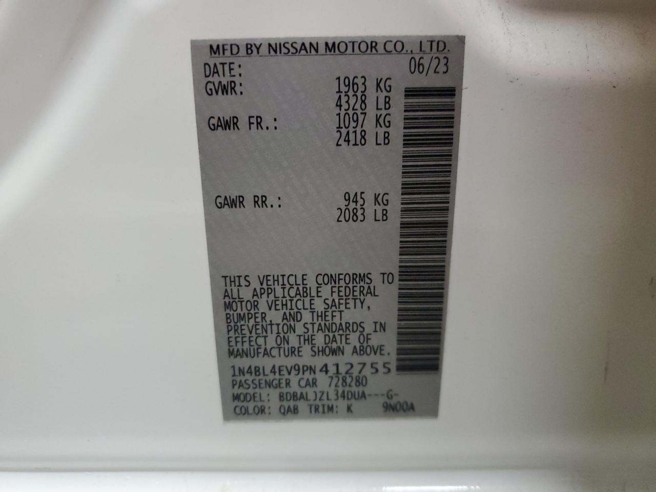 2023 NISSAN ALTIMA SL VIN:1N4BL4EV9PN412755