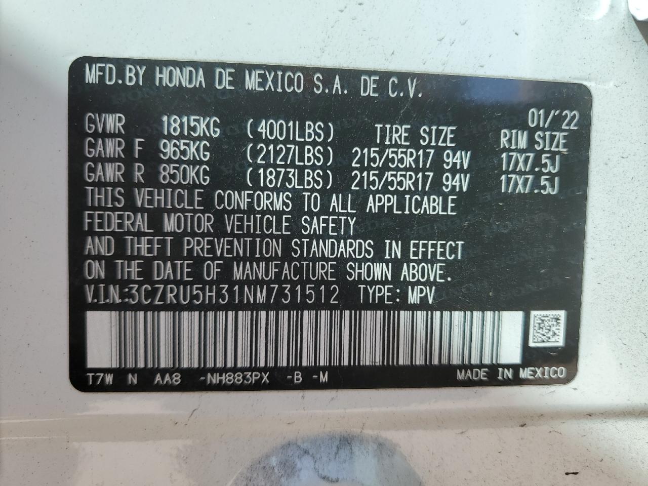 2022 HONDA HR-V LX VIN:3CZRU5H31NM731512