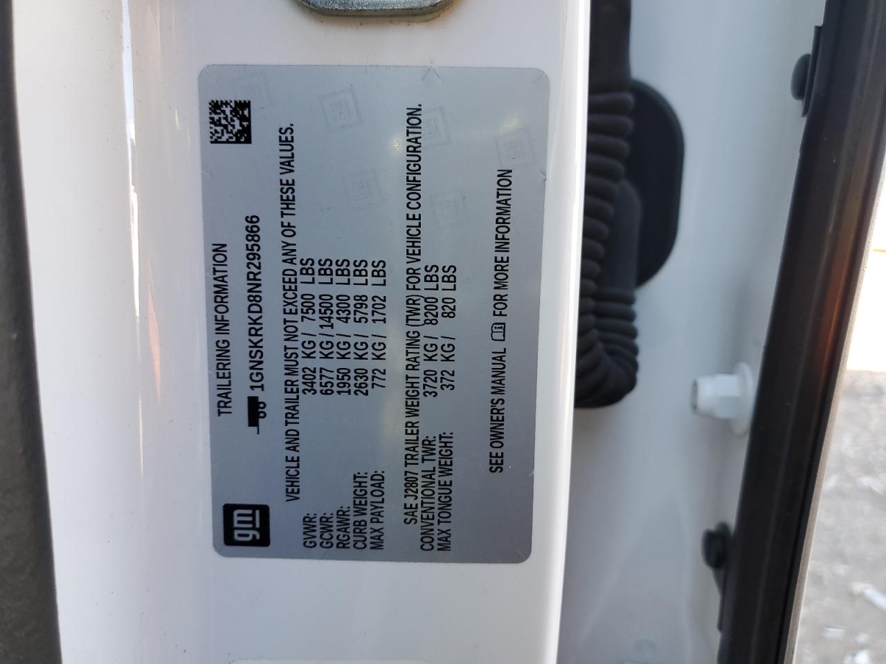 2022 CHEVROLET TAHOE K1500 RST VIN:1GNSKRKD8NR295866