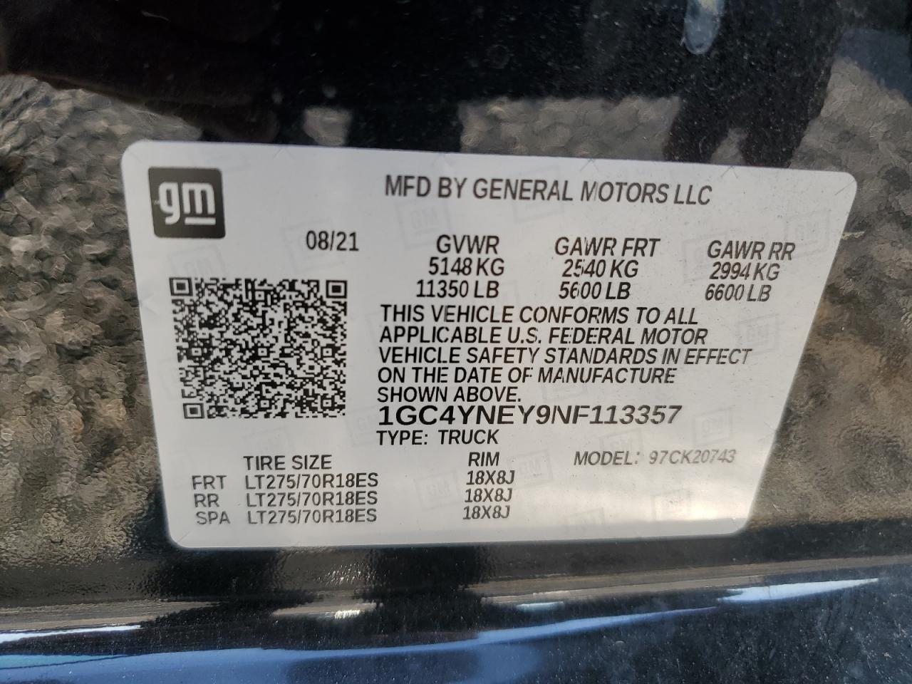 2022 CHEVROLET SILVERADO K2500 HEAVY DUTY LT VIN:1GC4YNEY9NF113357