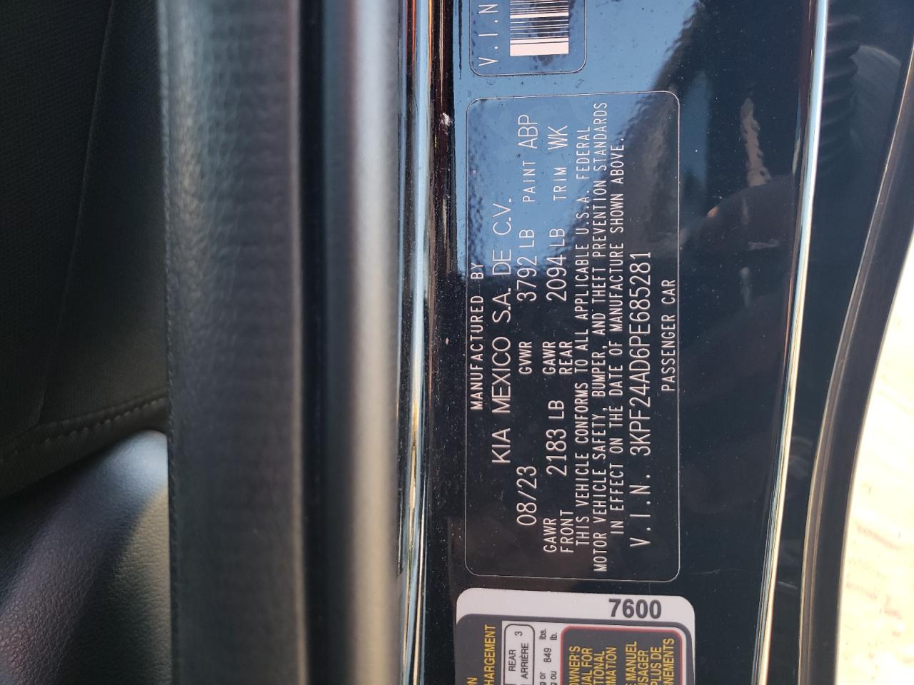 2023 KIA FORTE LX VIN:3KPF24AD6PE685281