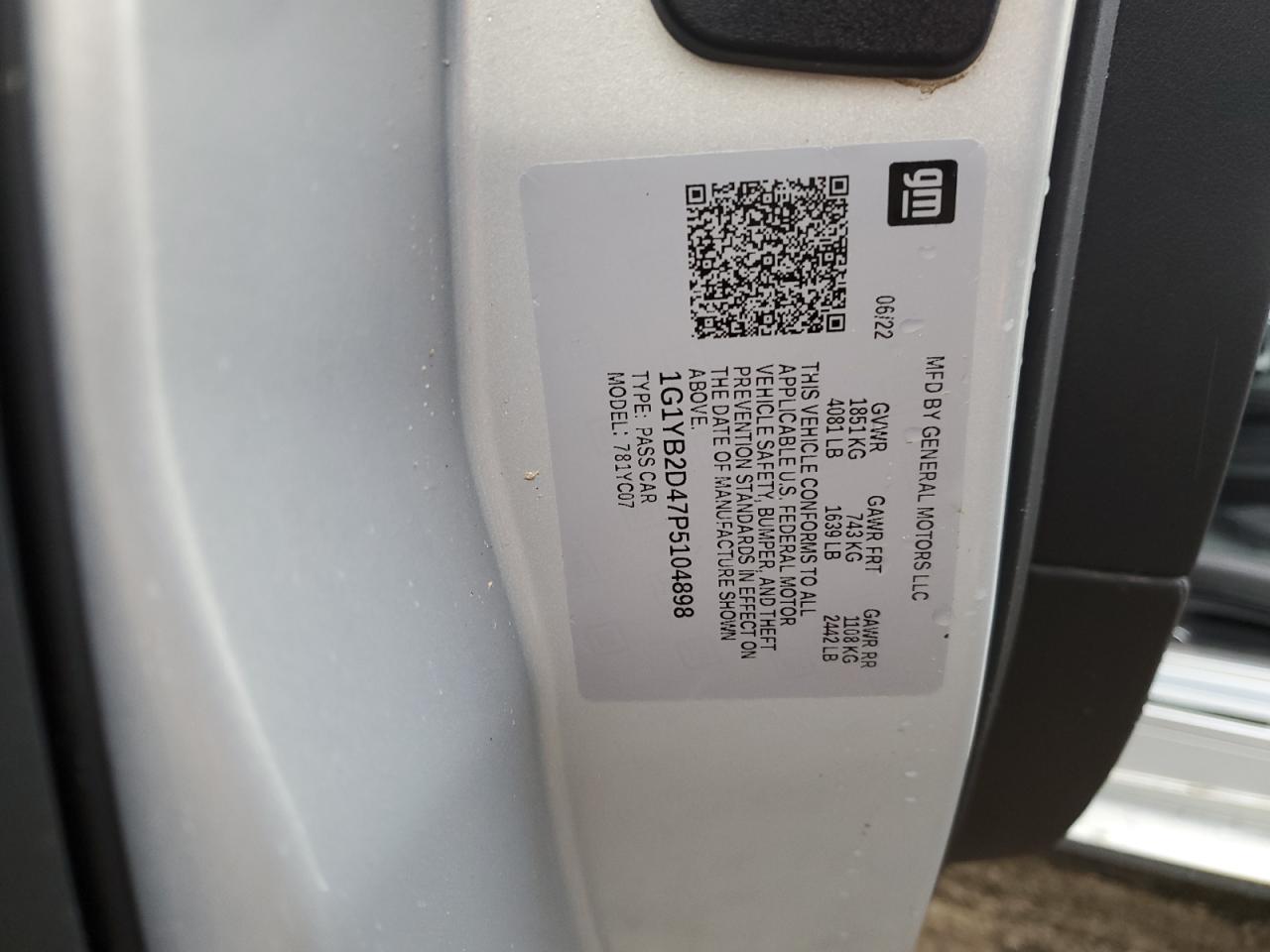 2023 CHEVROLET CORVETTE STINGRAY 2LT VIN:1G1YB2D47P5104898