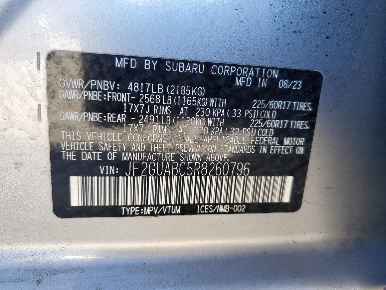 2024 SUBARU CROSSTREK  VIN:JF2GUABC5R8260796