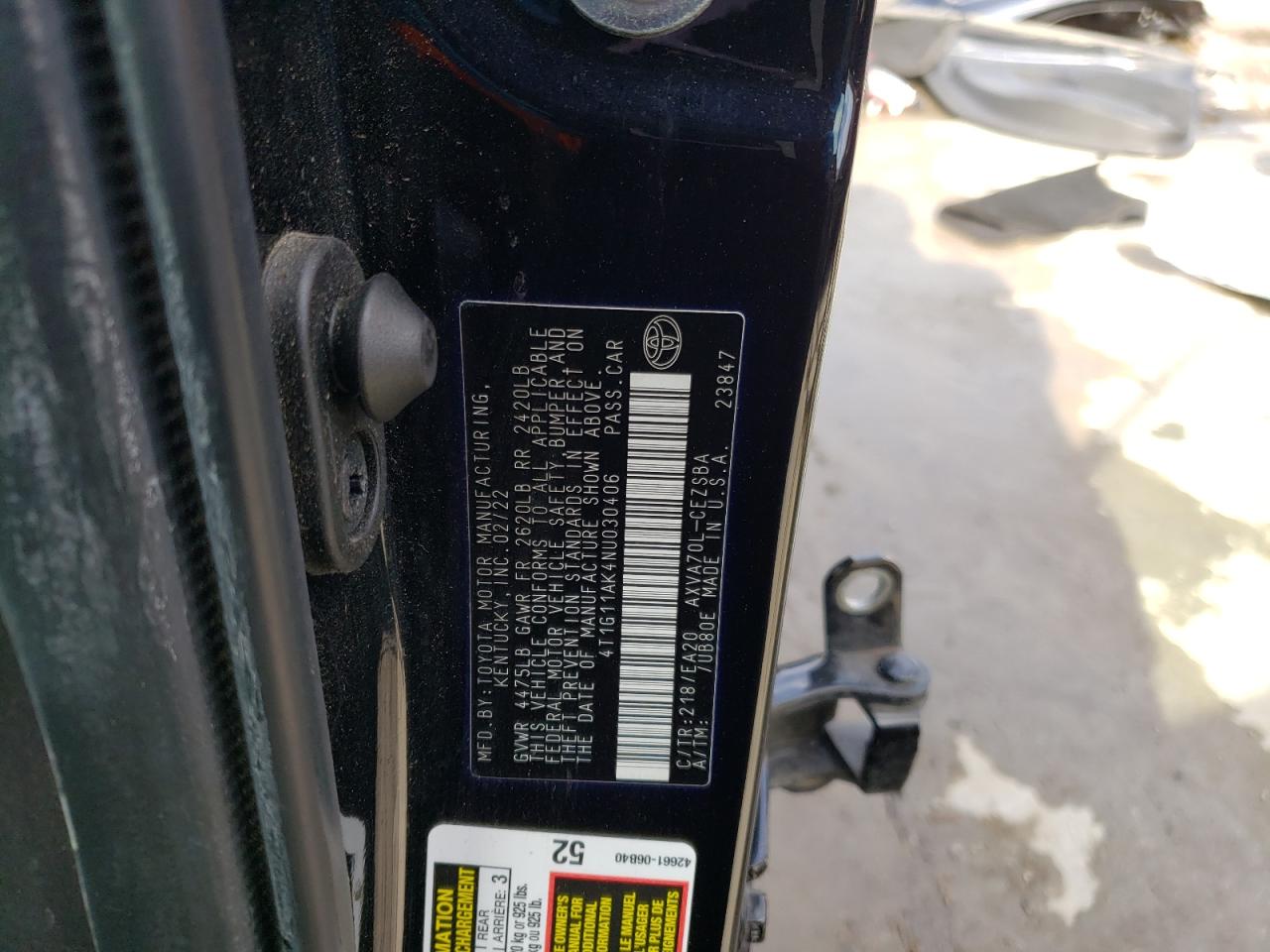 2022 TOYOTA CAMRY SE VIN:4T1G11AK4NU030406