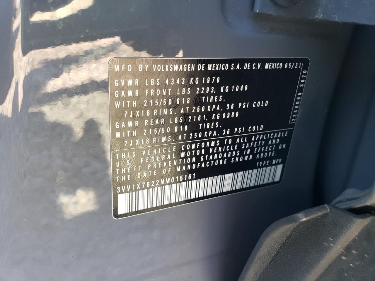2022 VOLKSWAGEN TAOS SEL VIN:3VV1X7B22NM015161