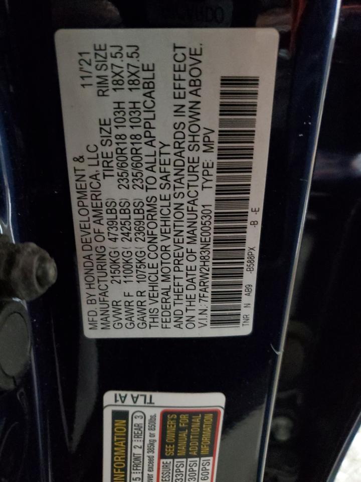 2022 HONDA CR-V EXL VIN:7FARW2H83NE005301