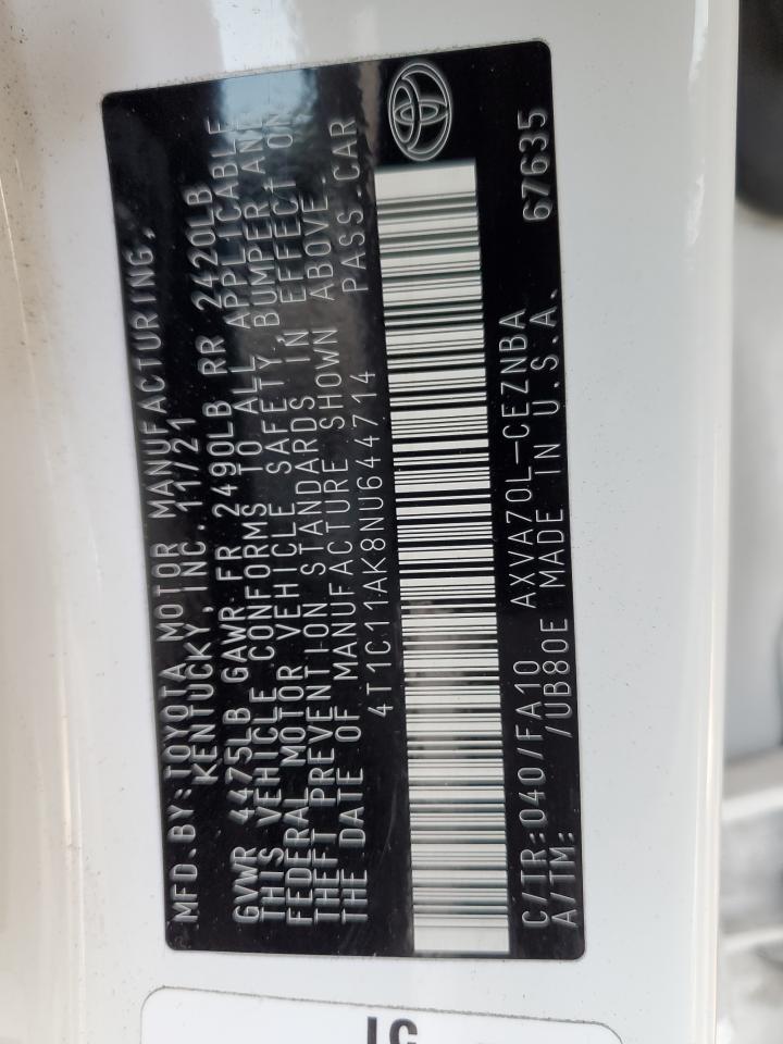 2022 TOYOTA CAMRY LE VIN:4T1C11AK8NU644714
