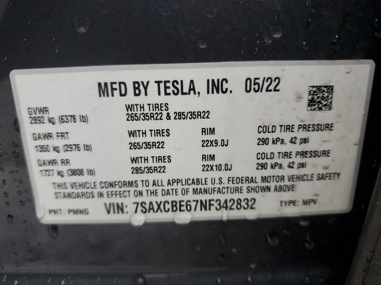 2022 TESLA MODEL X  VIN:7SAXCBE67NF342832