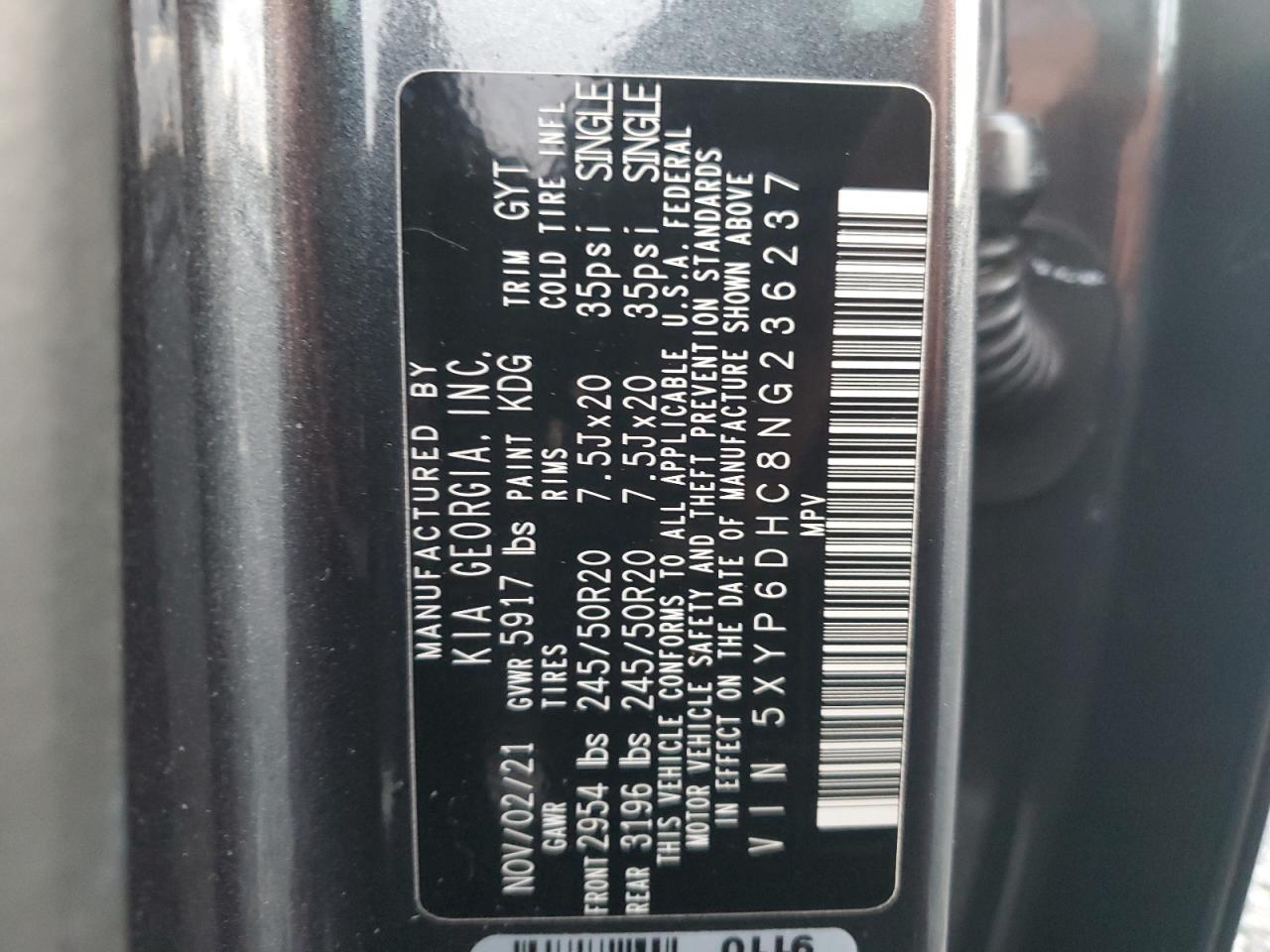2022 KIA TELLURIDE S VIN:5XYP6DHC8NG236237