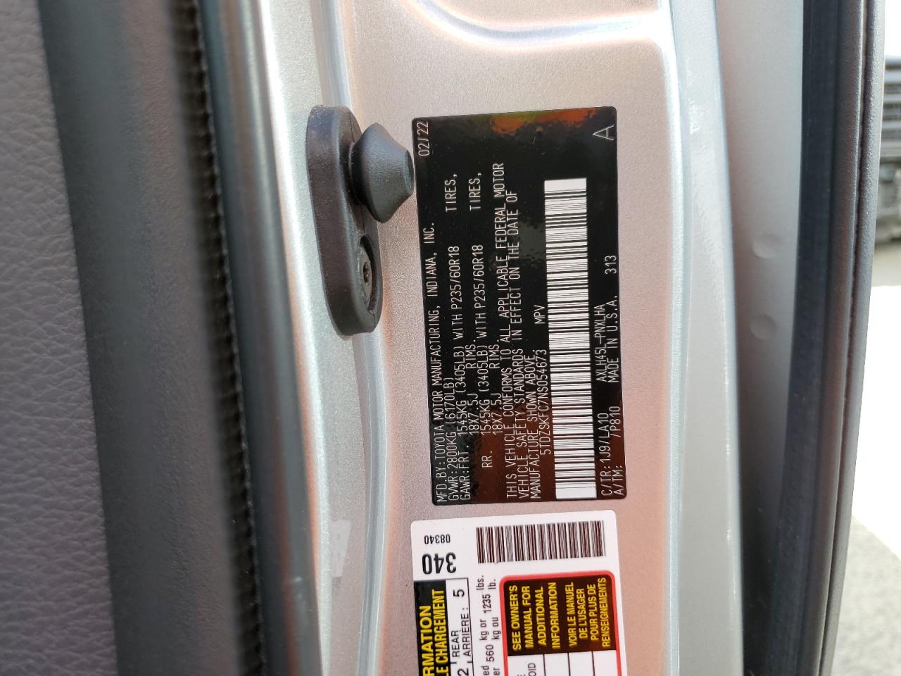 2022 TOYOTA SIENNA LIMITED VIN:5TDZSKFC7NS054673