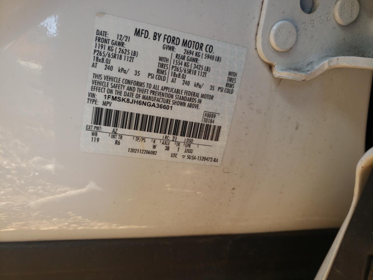 2022 FORD EXPLORER TIMBERLINE VIN:1FMSK8JH6NGA36601