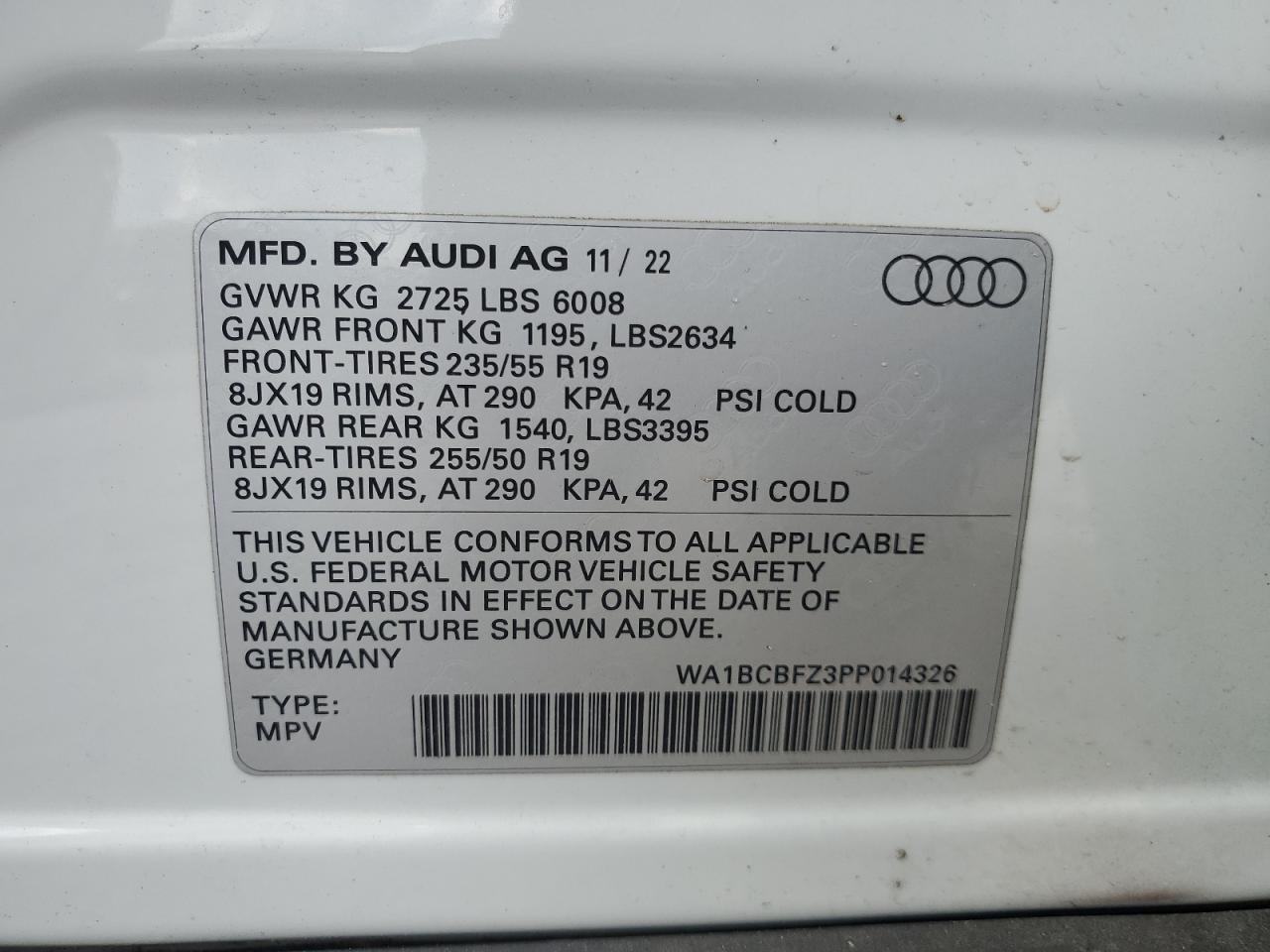 2023 AUDI Q4 E-TRON PREMIUM PLUS VIN:WA1BCBFZ3PP014326