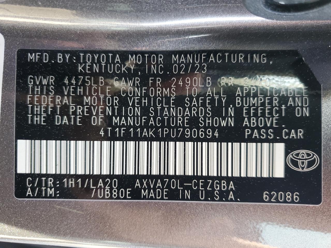 2023 TOYOTA CAMRY XLE VIN:4T1F11AK1PU790694