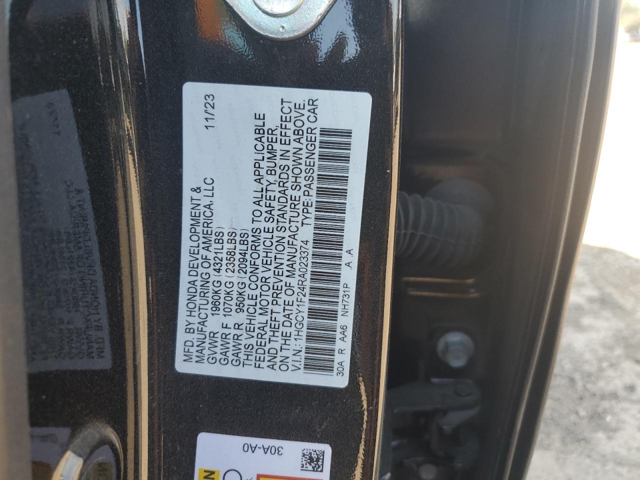 2024 HONDA ACCORD LX VIN:1HGCY1F24RA023374