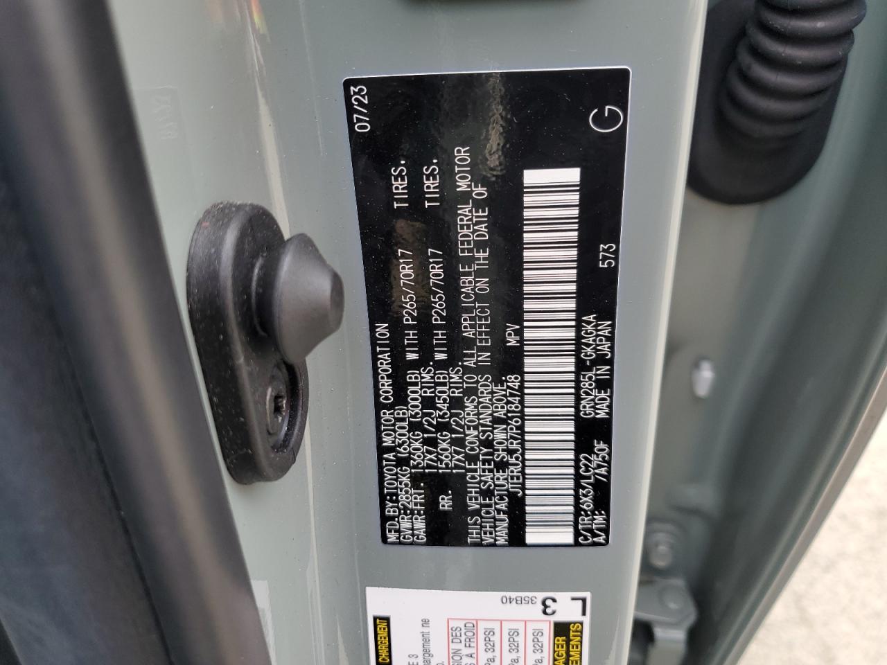 2023 TOYOTA 4RUNNER SE VIN:JTERU5JR7P6184748