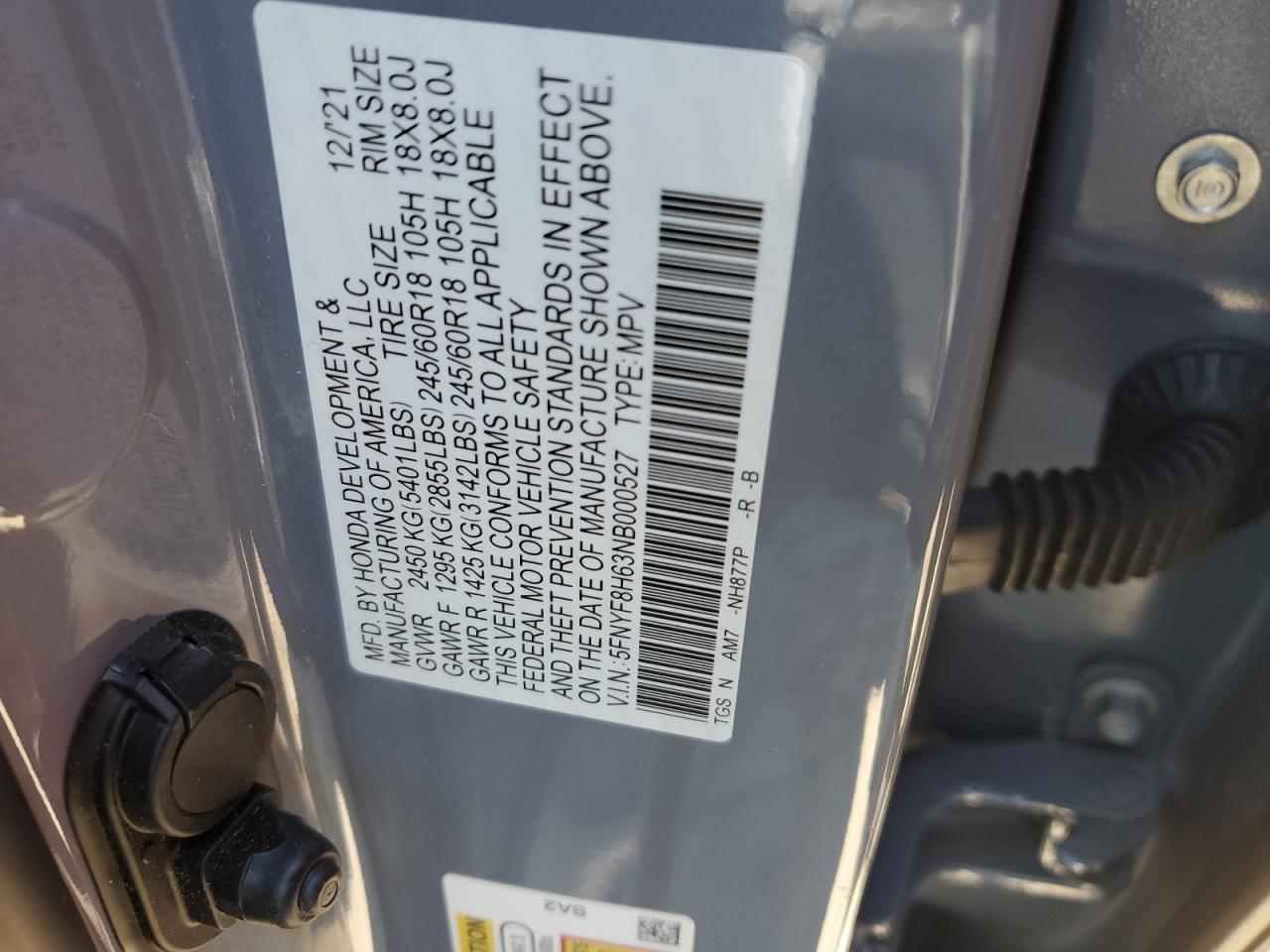 2022 HONDA PASSPORT TRAIL SPORT VIN:5FNYF8H63NB000527