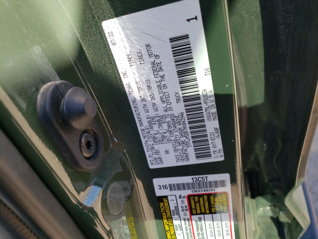 2022 TOYOTA TUNDRA CREWMAX SR VIN:5TFLA5DB7NX043946