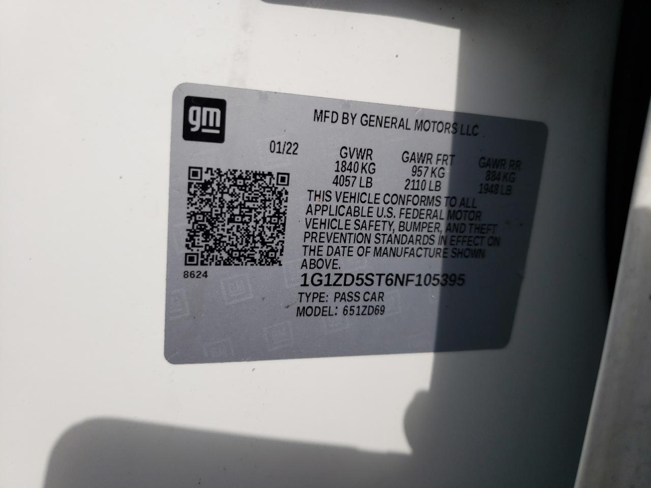 2022 CHEVROLET MALIBU LT VIN:1G1ZD5ST6NF105395