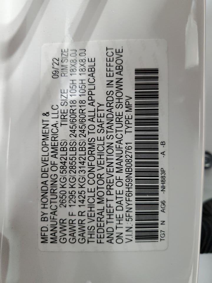 2022 HONDA PILOT EXL VIN:5FNYF6H59NB082761