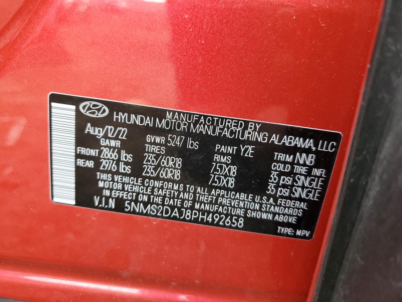 2023 HYUNDAI SANTA FE SEL VIN:5NMS2DAJ8PH492658