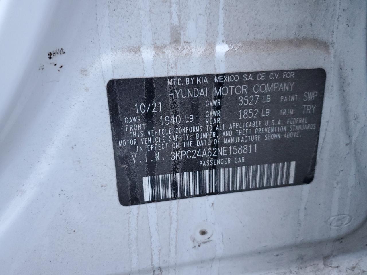 2022 HYUNDAI ACCENT SE VIN:3KPC24A62NE158811