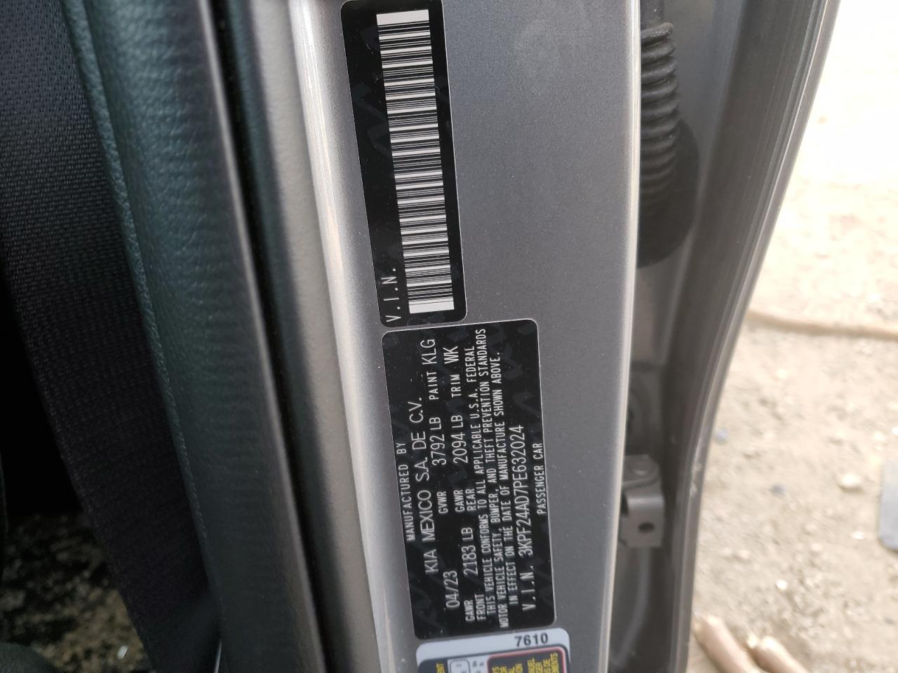 2023 KIA FORTE LX VIN:3KPF24AD7PE632024