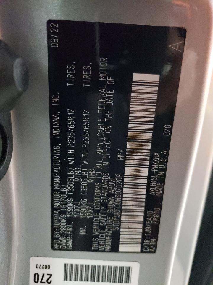 2022 TOYOTA SIENNA XLE VIN:5TDYSKFC0NS070208