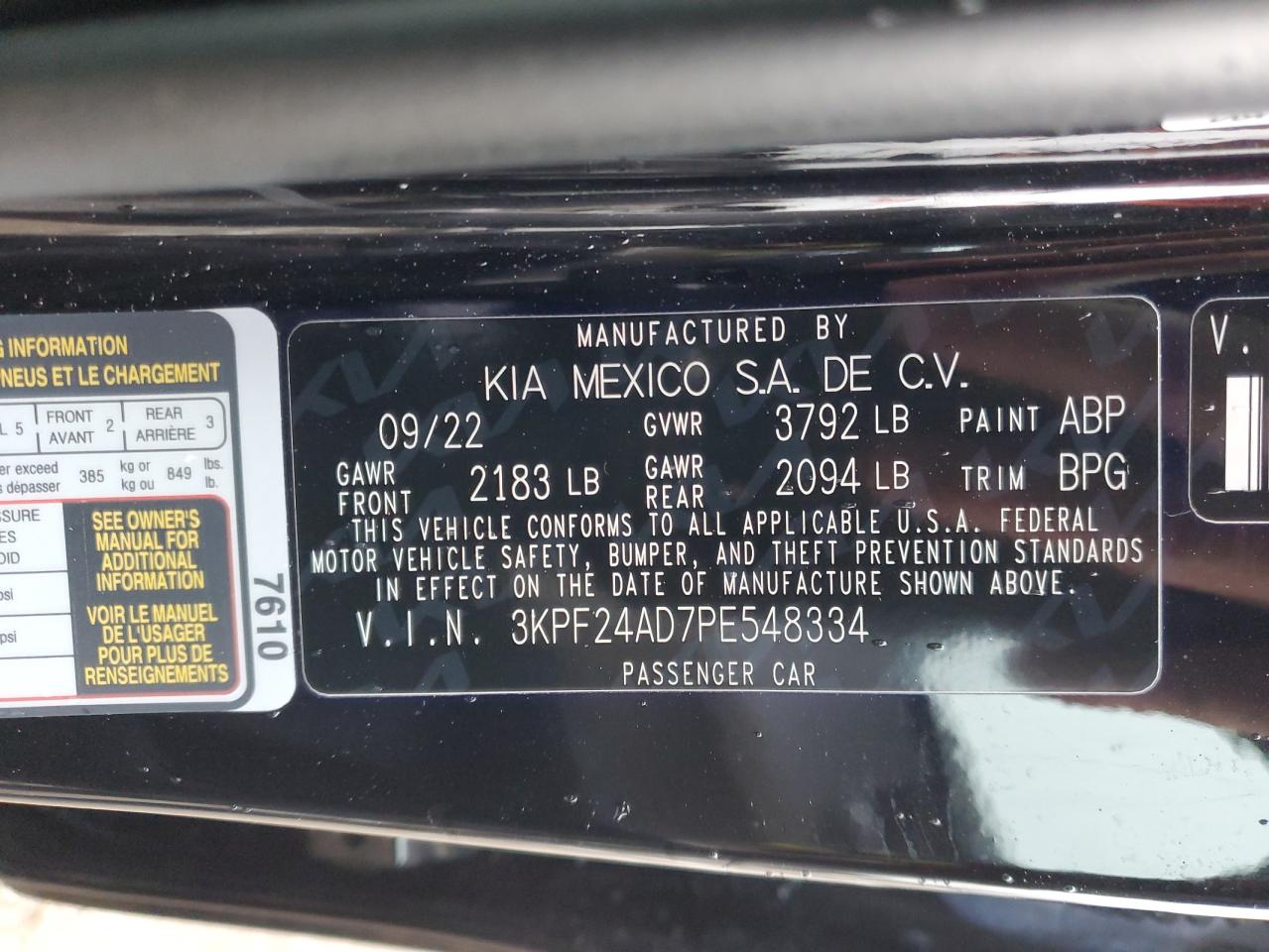 2023 KIA FORTE LX VIN:3KPF24AD7PE548334