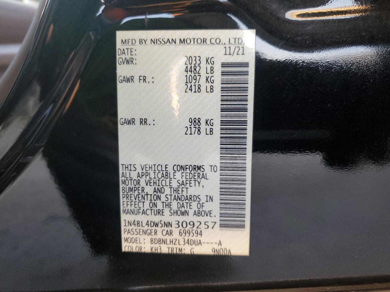 2022 NISSAN ALTIMA SV VIN:1N4BL4DW5NN309257