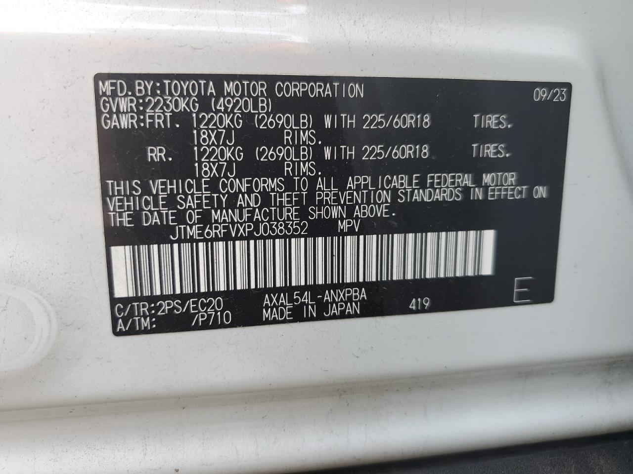 2023 TOYOTA RAV4 XSE VIN:JTME6RFVXPJ038352