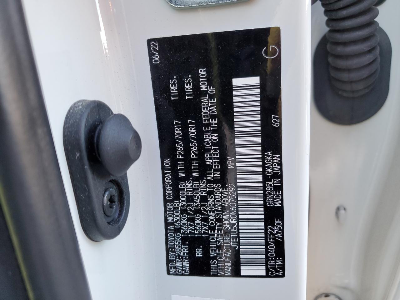 2022 TOYOTA 4RUNNER TRAIL VIN:JTETU5JR0N6075292