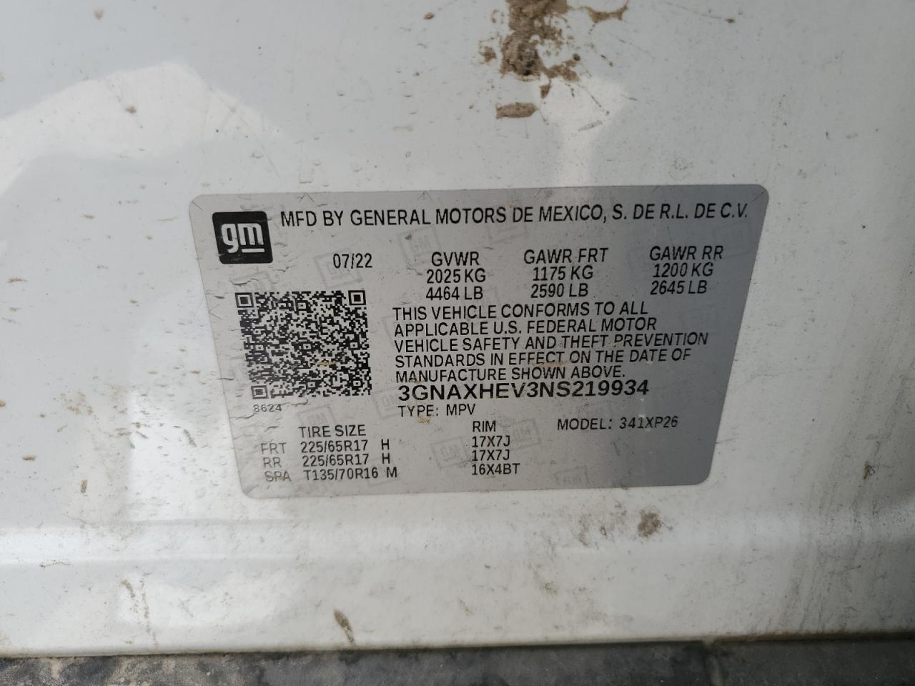 2022 CHEVROLET EQUINOX LS VIN:3GNAXHEV3NS219934