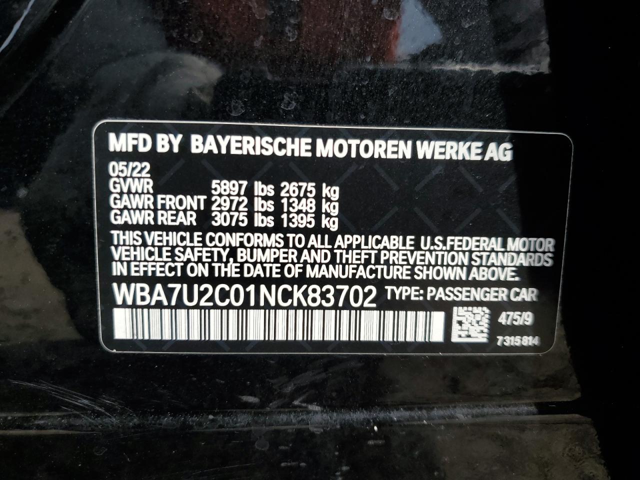 2022 BMW 750 XI VIN:WBA7U2C01NCK83702