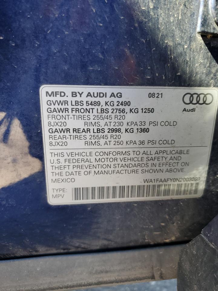 2022 AUDI Q5 PRESTIGE 45 VIN:WA1FAAFY0N2003089