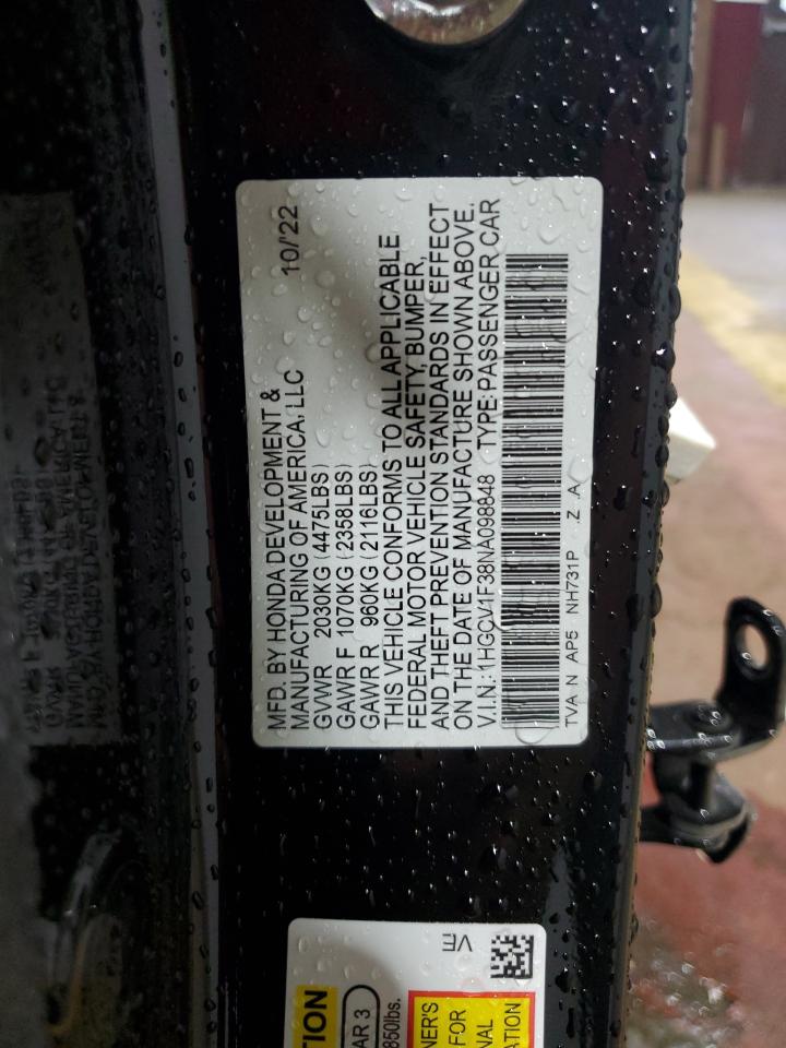2022 HONDA ACCORD SPORT VIN:1HGCV1F38NA098848