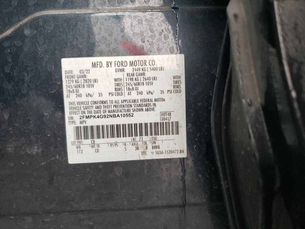 2022 FORD EDGE SE VIN:2FMPK4G92NBA10552