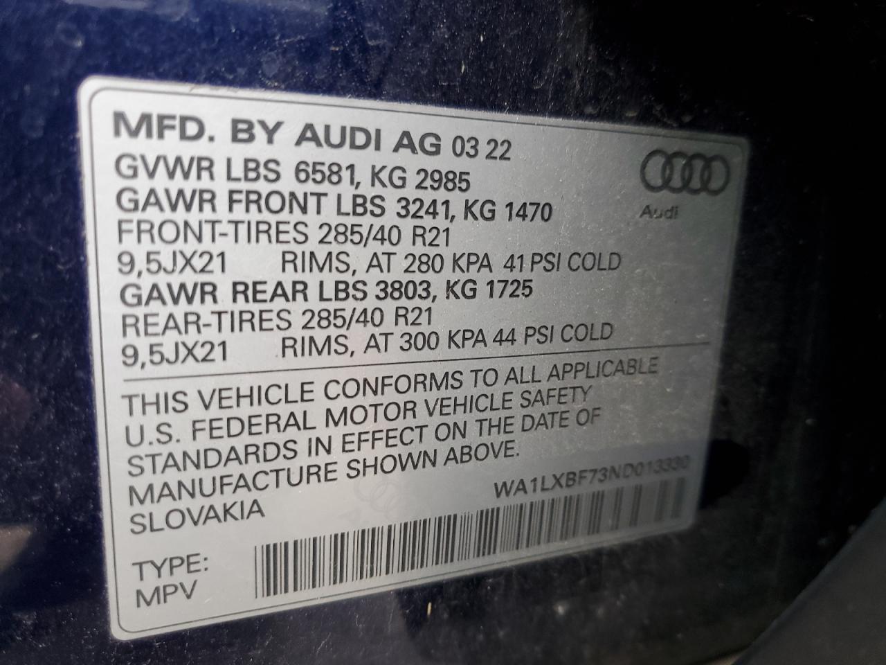 2022 AUDI Q7 PREMIUM PLUS VIN:WA1LXBF73ND013330