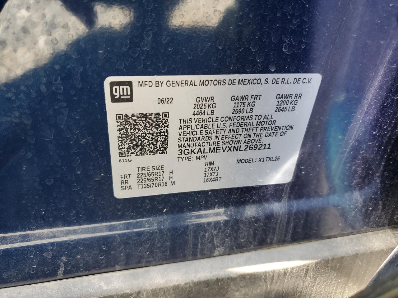 2022 GMC TERRAIN SLE VIN:3GKALMEVXNL269211