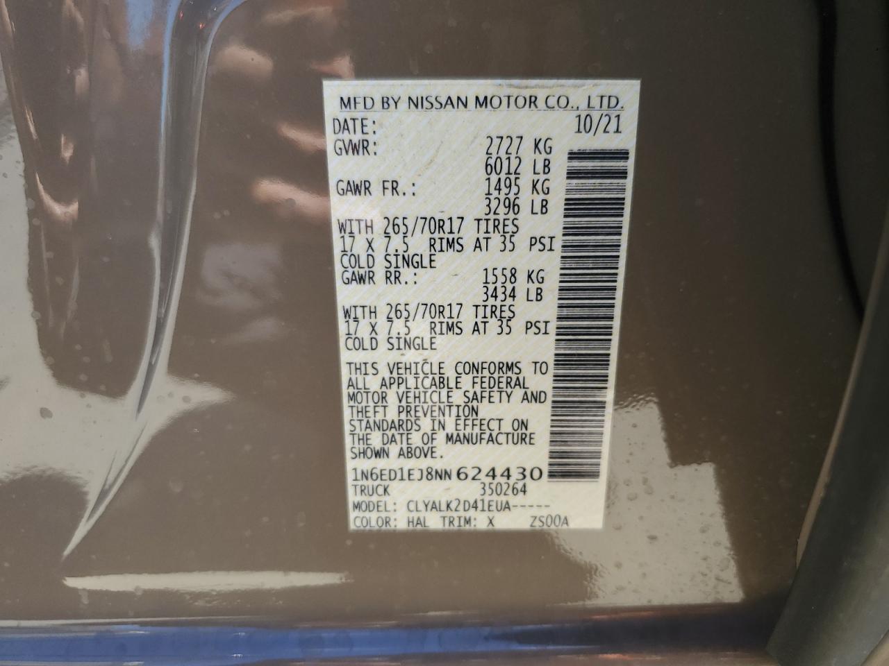 2022 NISSAN FRONTIER S VIN:1N6ED1EJ8NN624430