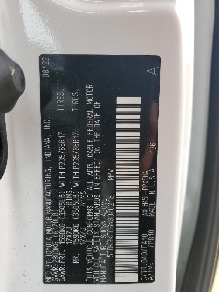 2022 TOYOTA SIENNA LE VIN:5TDKSKFC6NS070218